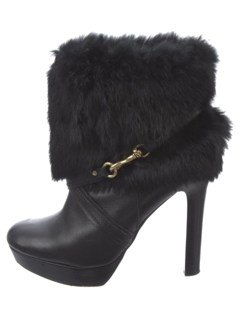 Coach Athena Black Rabbit Fur & Leather Heeled Platform Bootie Size: 6.5B